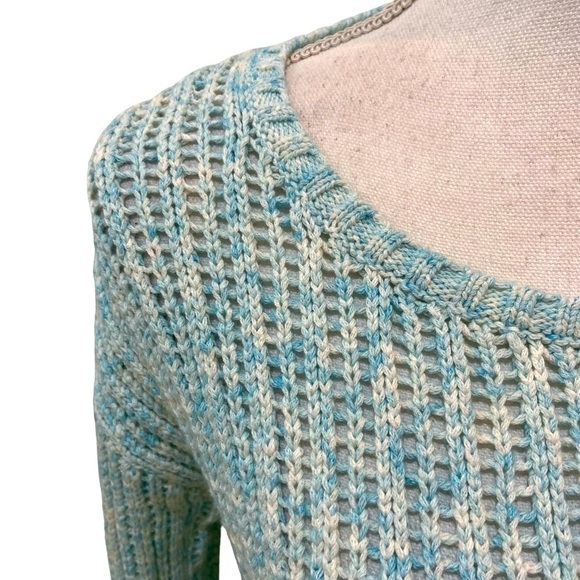 Talbots open weave aqua marled scoop neck cotton sweater side slits medium p - Picture 5 of 10